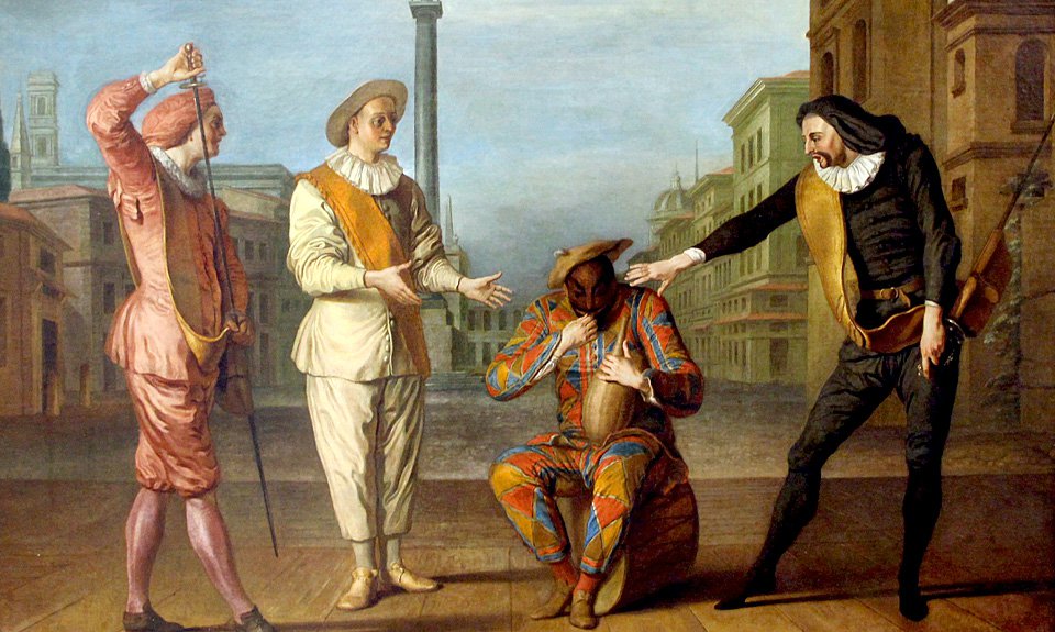 Клод Жилло. «Сцена из комедии «Гробница мэтра Андре». 1716. Персонажи комедии дель арте нередко становились героями полотен художника. Фото: Wikimedia Commons